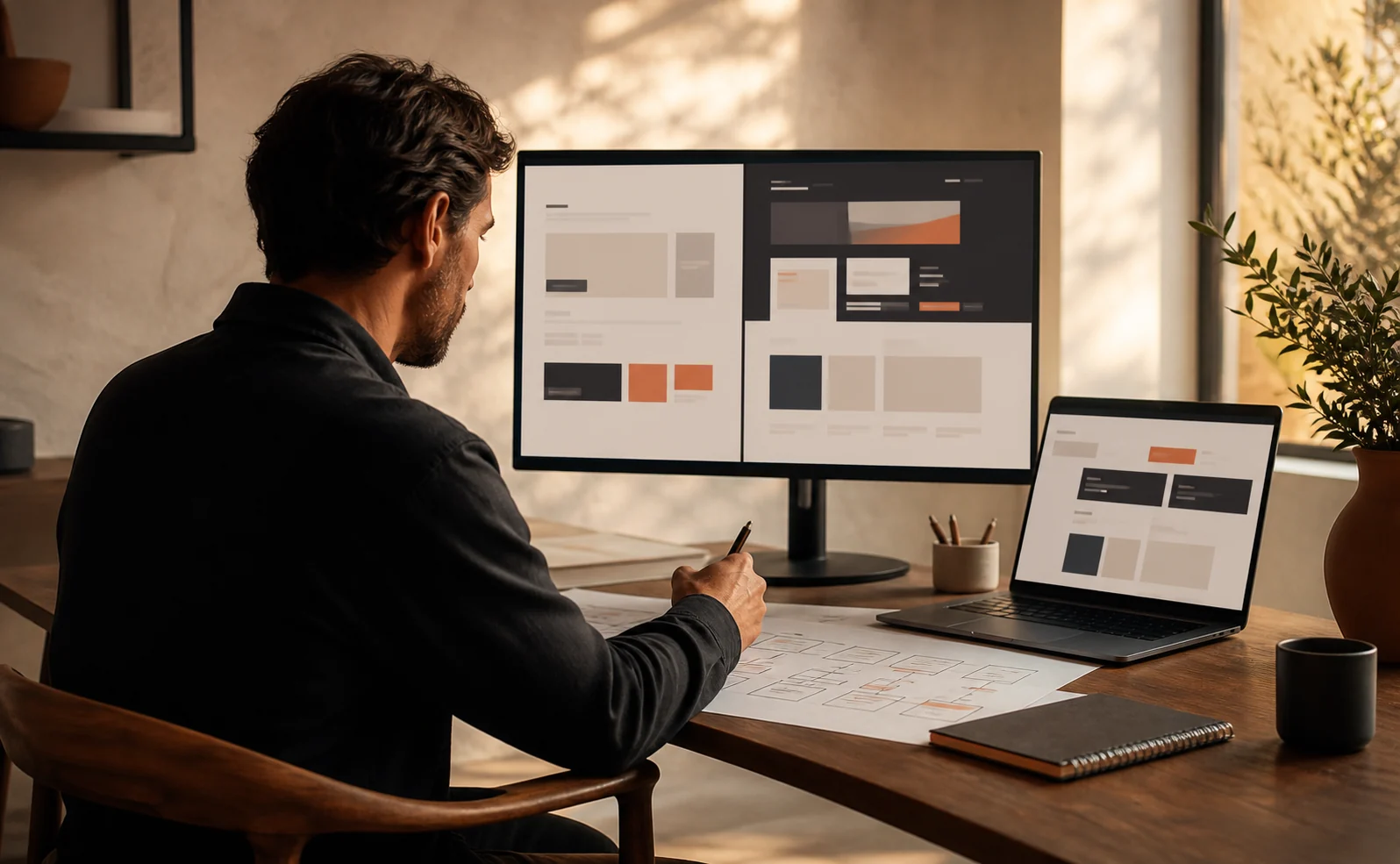 Un professionnel audite deux structures de site web sur un écran et un ordinateur portable