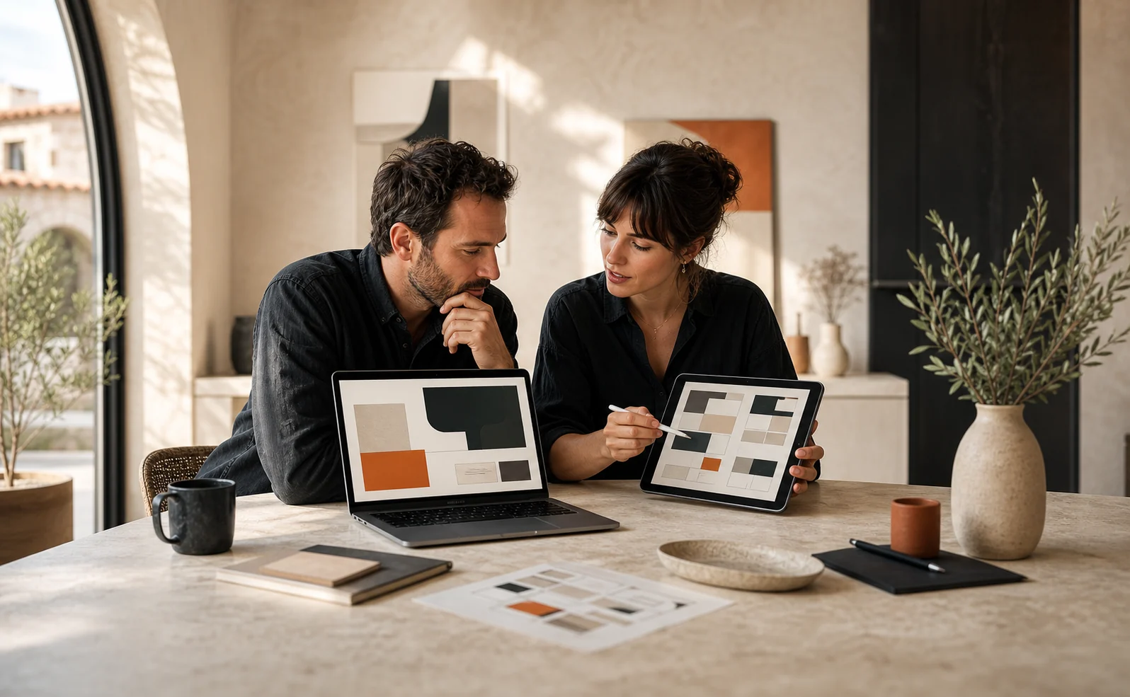 Deux professionnels comparent les structures d'un site vitrine et d'une landing page sur ordinateur et tablette
