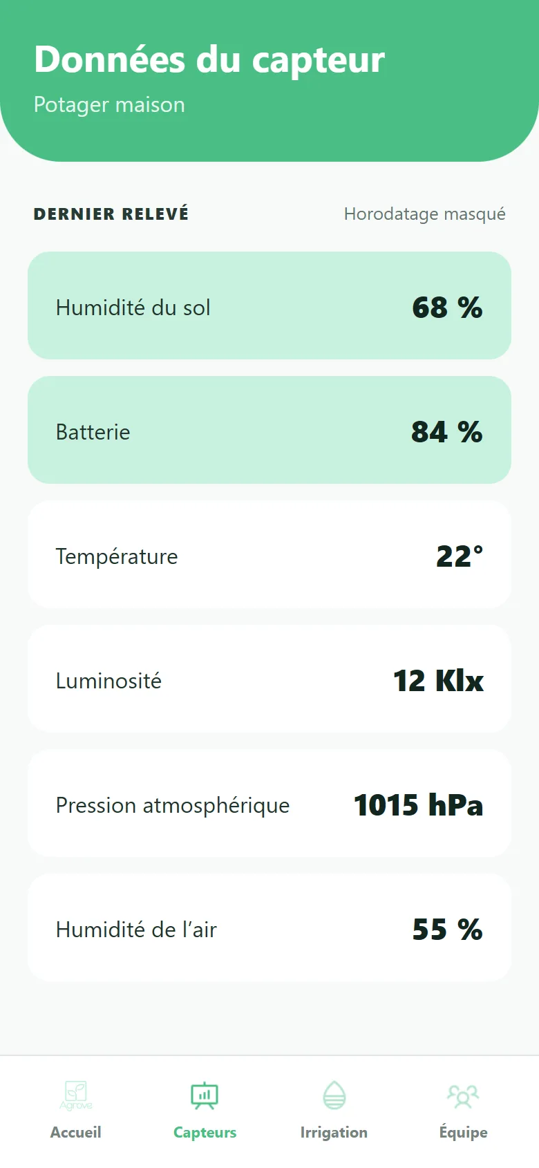 Données du capteur avec safe area préservée et horodatage masqué