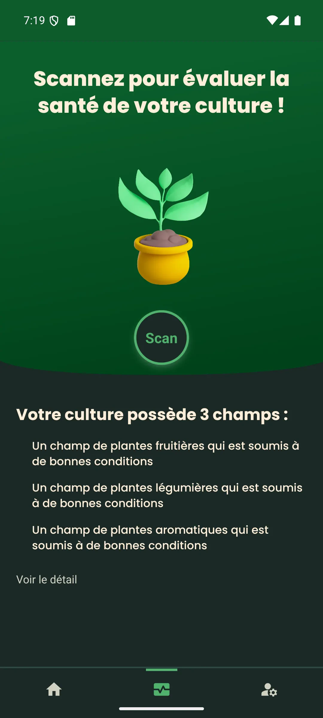 Évaluation de santé : plante dégagée et Scan centré sur la courbe